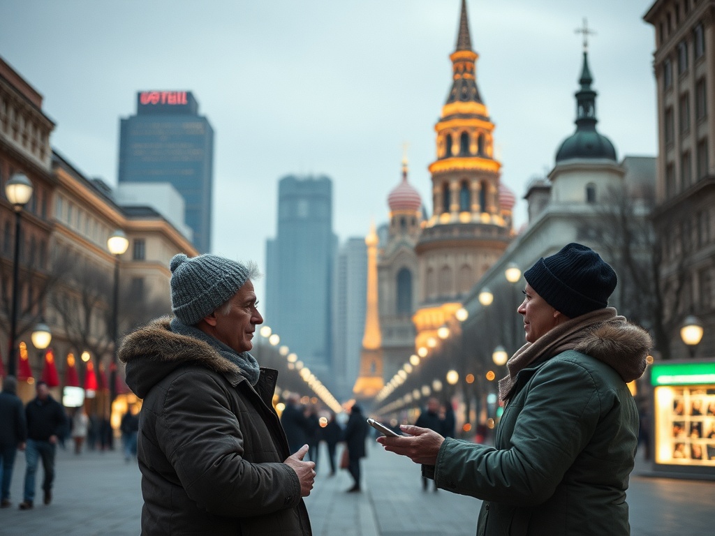 На улице два человека беседуют на фоне зданий и городских огней. Настроение уютное и спокойное.