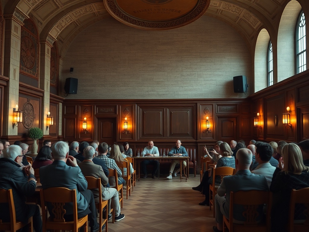 Внутренний зал с участниками, сидящими в кругу за столом, обсуждают важные темы. Тёплая атмосфера.