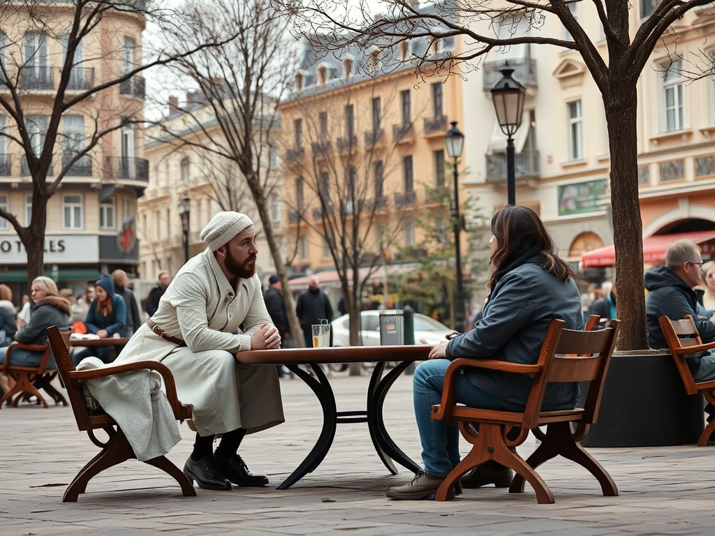 Два человека сидят за столом на улице, обсуждая что-то в оживленной атмосфере города.