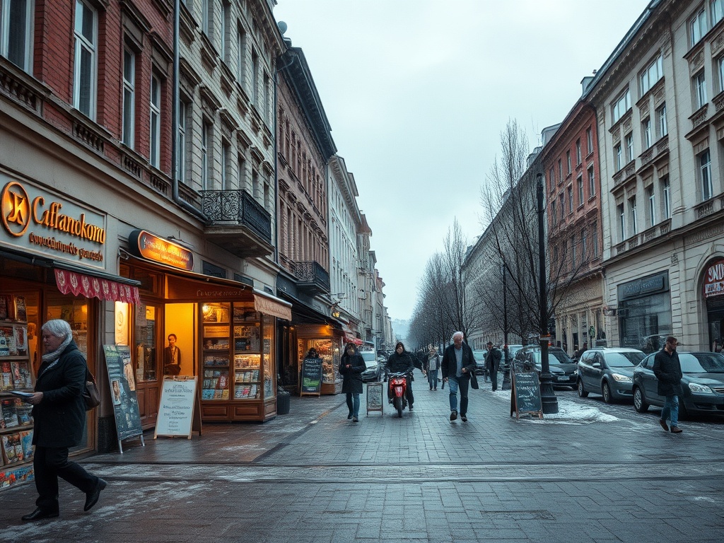 Улица с магазинами и кафе, прохожие идут по тротуару в холодную погоду. Деревья без листвы вдоль дороги.