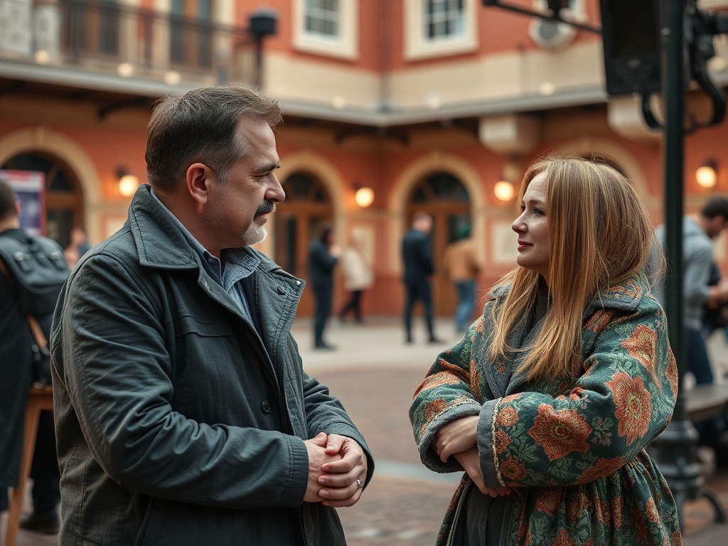 Два человека общаются на улице, на фоне зданий и других людей. Женщина в цветастом пальто внимательно слушает.