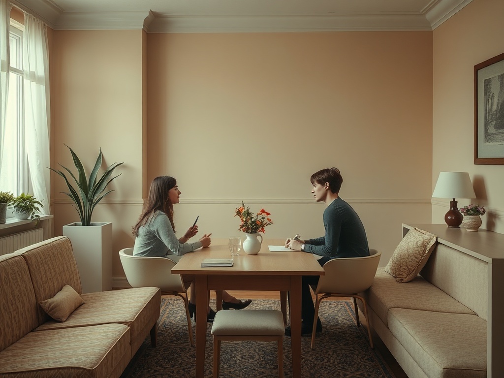 Два человека сидят за столом в уютной комнате, беседуя друг с другом. На столе цветы и чашка.