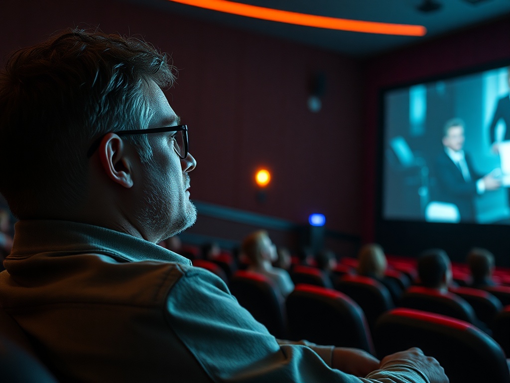 В кинотеатре зритель внимательно смотрит на экран, вокруг него другие люди в креслах.