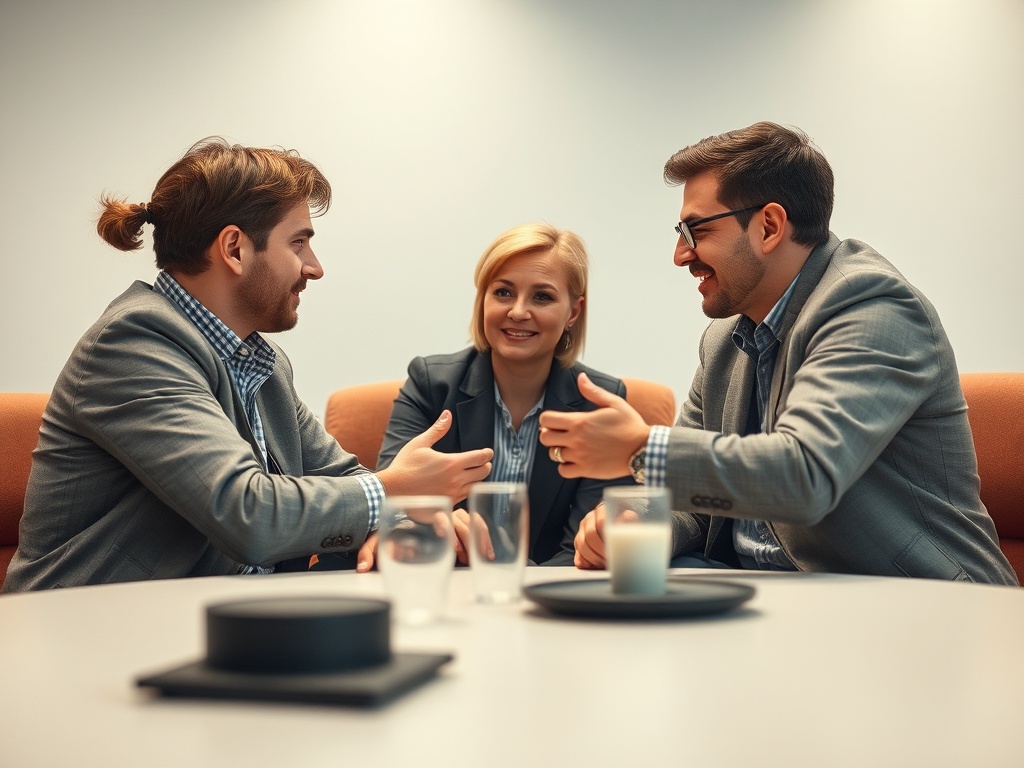 Трое людей в бизнес-одежде обсуждают что-то за столом в уютном конференц-зале.