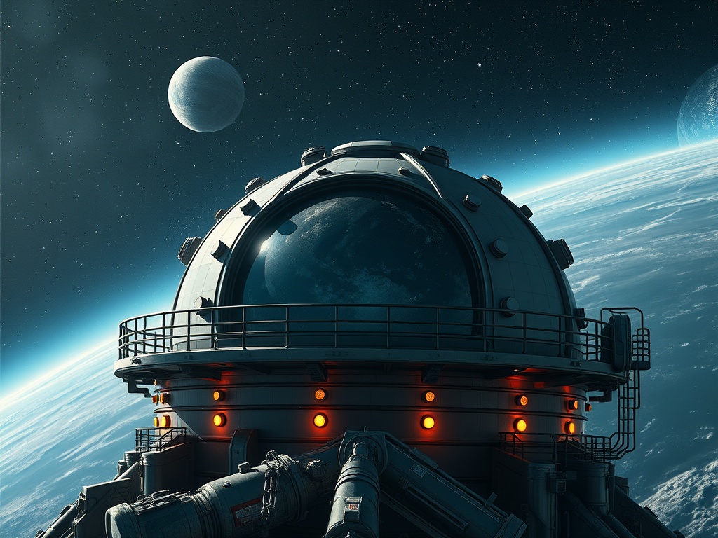Купол космической станции с видом на Землю и планеты в открытом космосе. Небо полно звезд.
