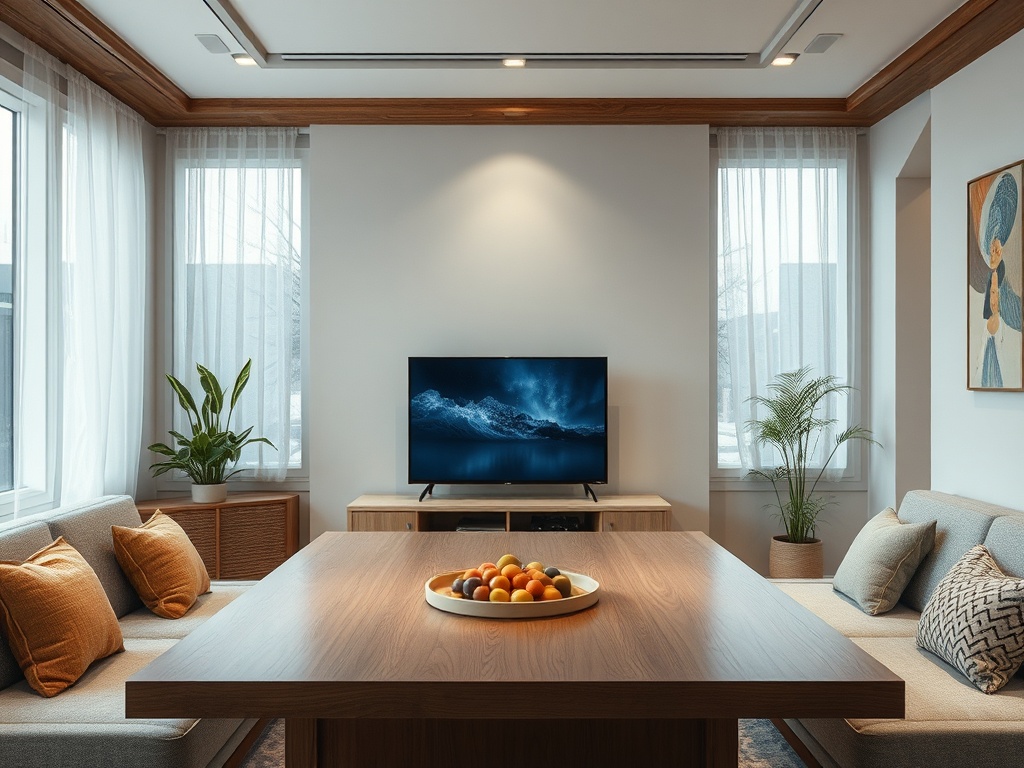 Современная гостиная с телевизором, деревянным столом и уютным дизайном. На столе фрукты и мягкие диваны.