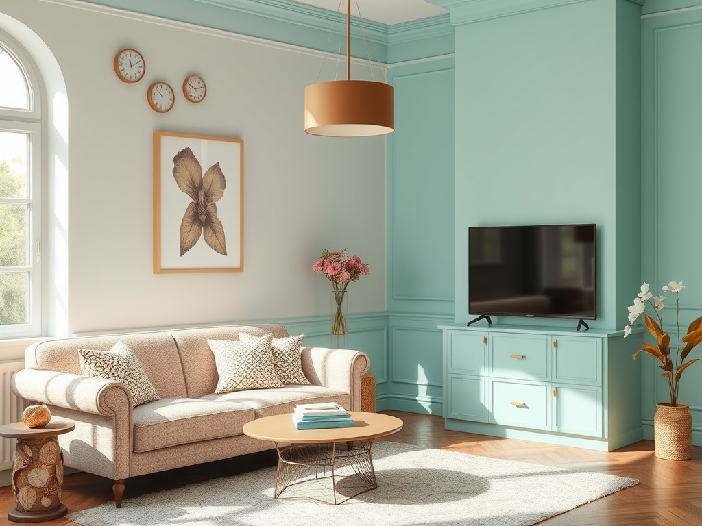 Современная гостиная с мягким диваном, телевизором, цветами и акцентом на светло-голубые стены.