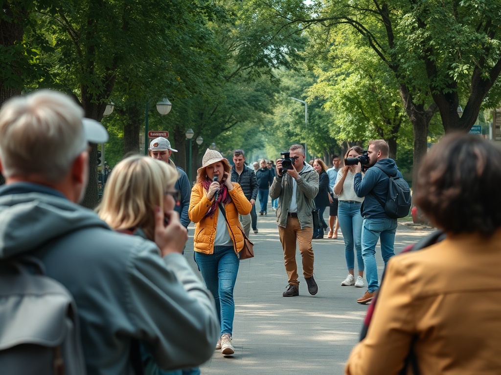 На улице много людей, некоторые фотографируют женщину в желтой куртке и шляпе, она что-то говорит.