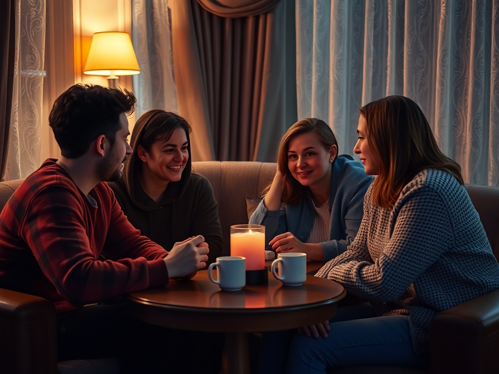 Четыре человека беседуют за столом при свечах, уютная обстановка, мягкий свет и дружеские улыбки.