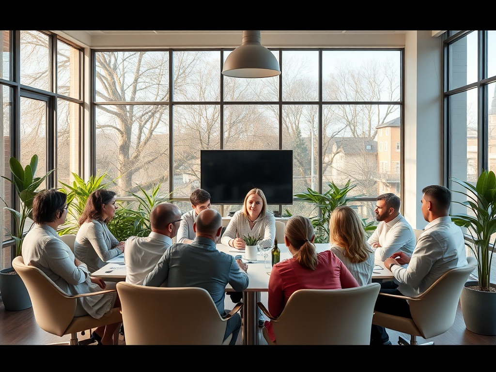 В офисе проходит деловая встреча, участники обсуждают планы, атмосфера отзывчивая и сосредоточенная.