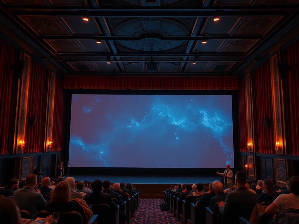 Зал кинотеатра с аудиторией, экраном, показывающим небо с звёздами и облаками. Атмосфера ожидания.