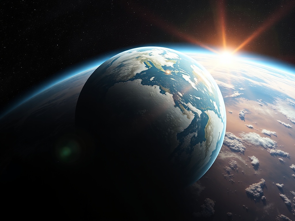 Земля на фоне космоса с восходящим солнцем и облаками, освещающими поверхность планеты.