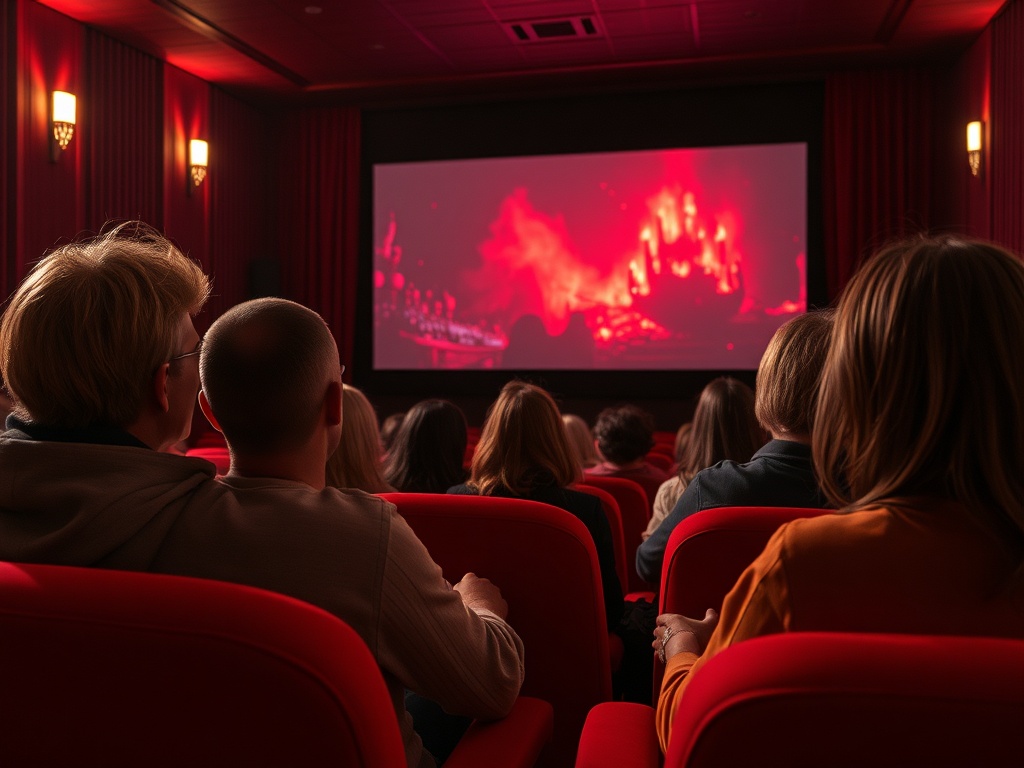 Зрители в кинотеатре смотрят фильм на большом экране, наполненном красными первыми кадрами.