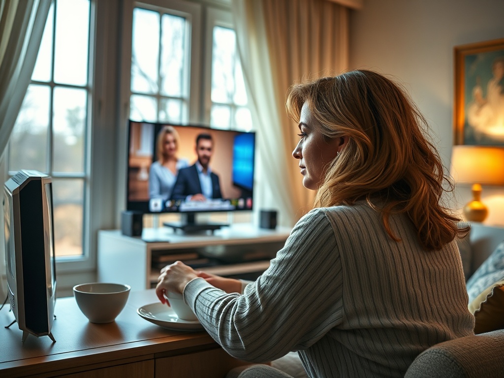 Женщина сидит за столом и смотрит телевизор, на котором изображены двое людей. В комнате светло и уютно.