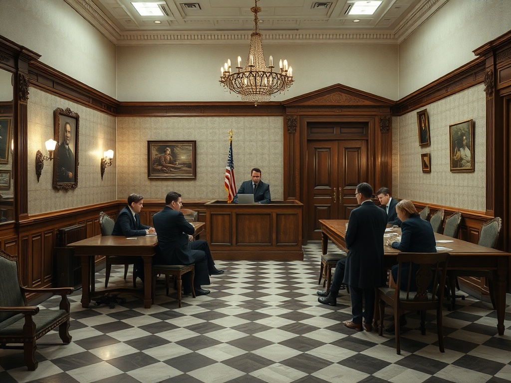 В зале заседаний несколько людей обсуждают вопросы, перед столом сидит ведущий с американским флагом.