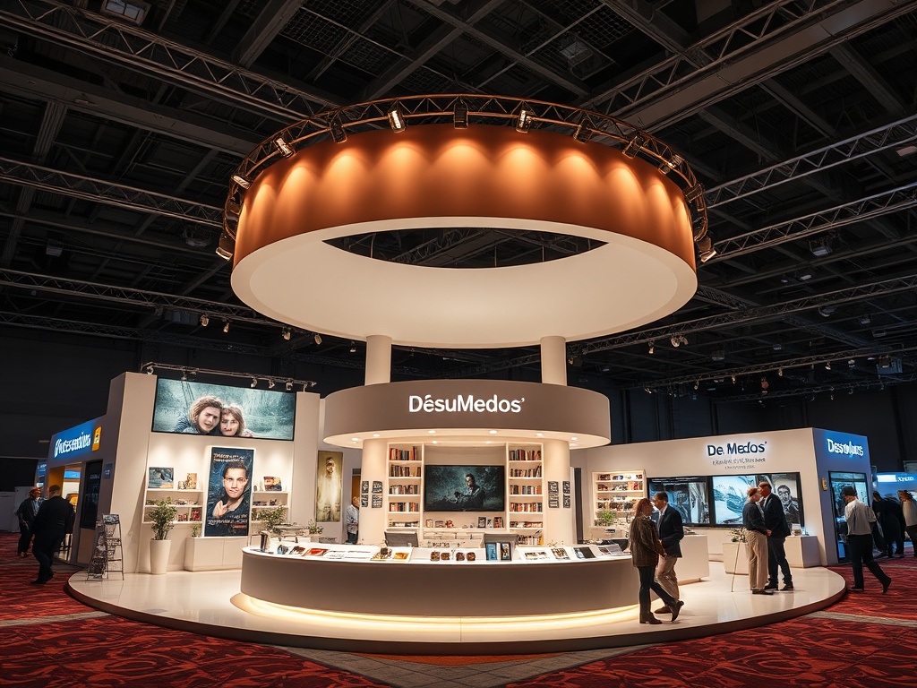 Выставочный стенд компании ДезуМедос с книгами и фотоэкспозицией на фоне. Люди обсуждают идеи.