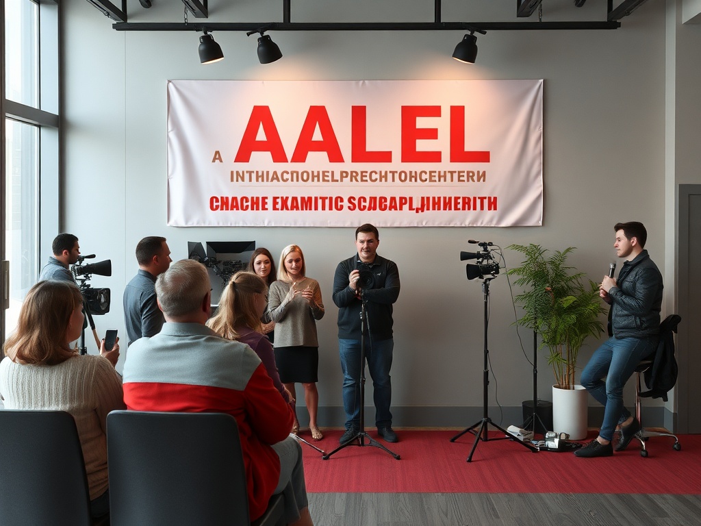 На мероприятии присутствуют люди, обсуждающие тему, представленную на баннере.