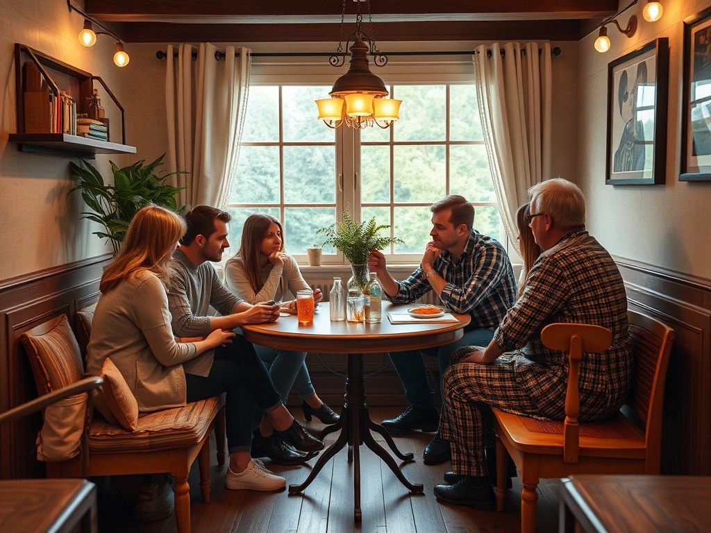 Группа людей обсуждает что-то за круглым столом в уютной комнате с окнами и растениями.