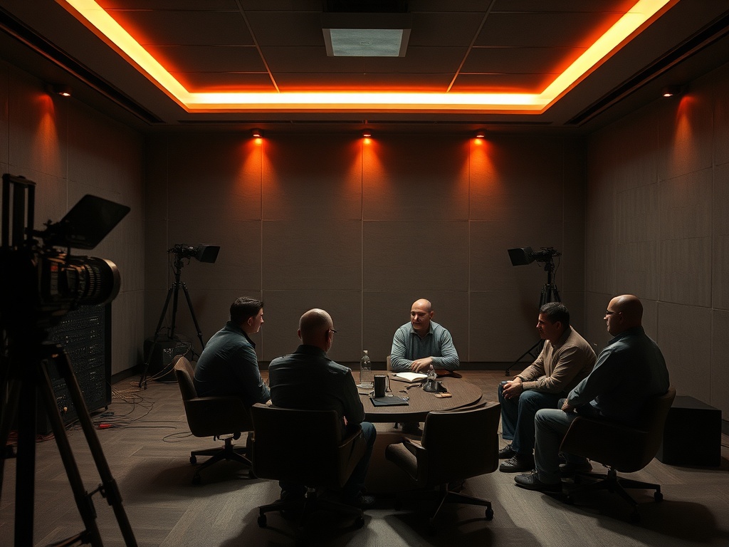 Группа людей сидит за круглым столом в комнате с мягким освещением и камерами для съемки.