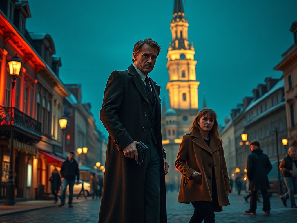 На улице вечер, мужчина с пистолетом и женщина идут мимо освещенных зданий и людей на фоне башни.