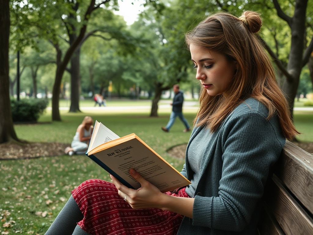 Девушка читает книгу на скамейке в парке, окруженная зеленью и расслабленной атмосферой.