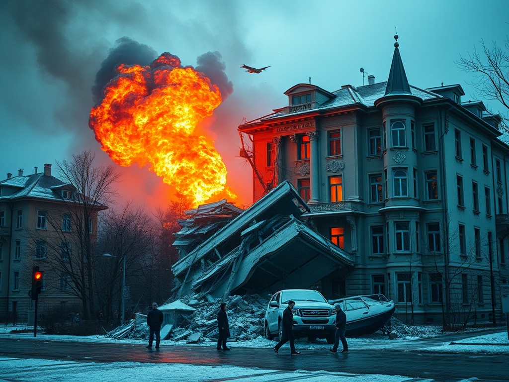 Взрыв и разрушения зданий на фоне зимнего пейзажа, люди переходят дорогу мимо обломков.