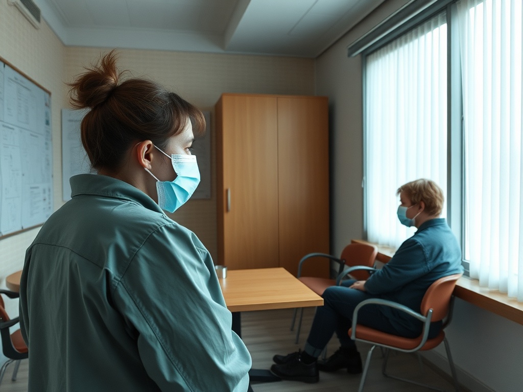 На изображении два человека в масках, беседуют в офисе с окнами и мебелью.