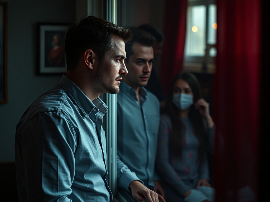 На изображении мужчина смотрит в окно, а за ним сидят два человека, один в маске. Атмосфера задумчивости.