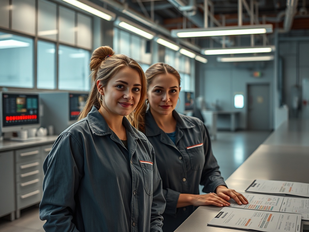 Две женщины в рабочей одежде улыбаются, стоят у стола с документами в современном офисе.