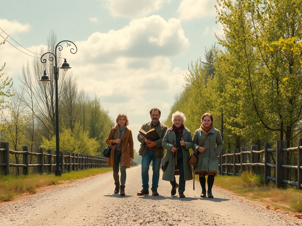 Четыре человека идут по размытой дороге в парке, окружаемом зелеными деревьями и небом с облаками.