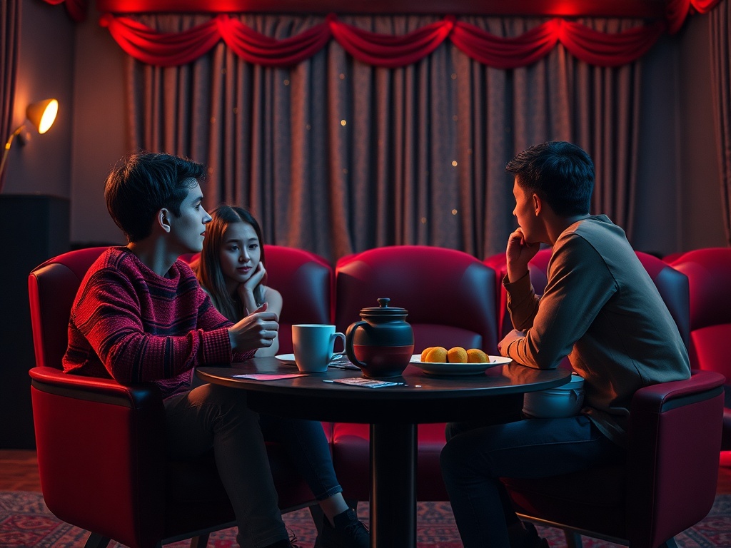 Трое молодых людей беседуют за столом в уютном кафе с мягким освещением и декором. Чайник и фрукты на столе.