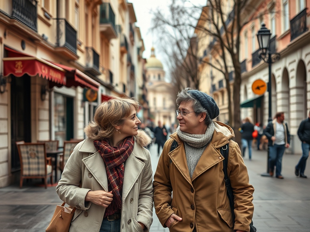 На улице прогуливаются два человека, разговаривая и наслаждаясь прогулкой в городе.