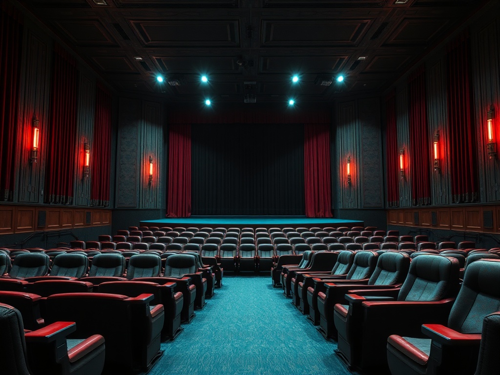 Пустой кинотеатр с уютными креслами, красными шторами и сцены с экраном в центре.
