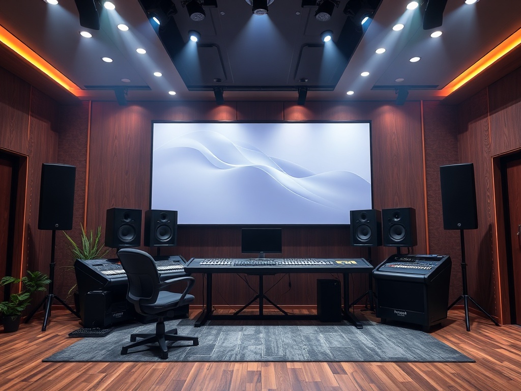 Современная студия звукозаписи с оборудованием, светом и экраном для визуализации.