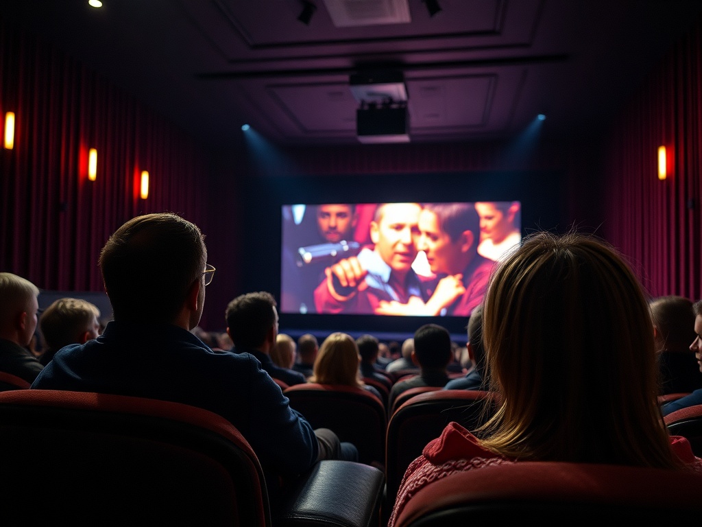 Зрители в кинотеатре смотрят фильм, на экране сценка с мужчиной и подростком. Темный зал, уютная атмосфера.