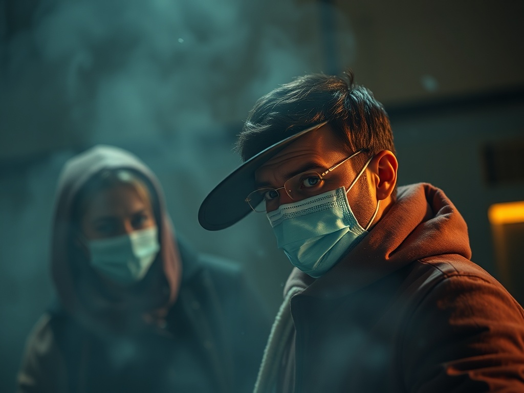 Два человека в масках на фоне дымки, один смотрит в камеру, другой - немного сзади.