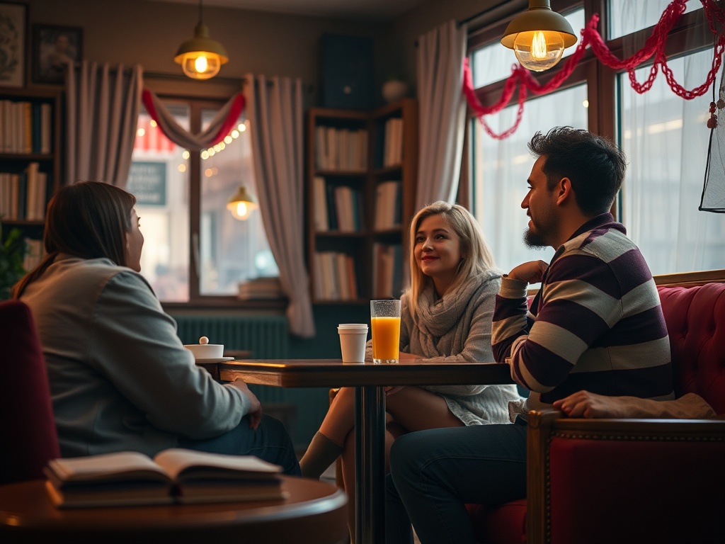 Группа друзей беседует в кафе, наслаждаясь напитками. Уютная атмосфера и тёплые лампы создают комфорт.