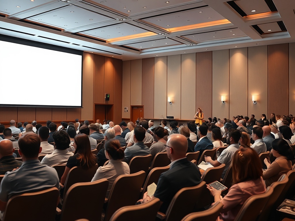 Аудитория на мероприятии, люди сидят и слушают выступление спикера на сцене. Экран пустой.