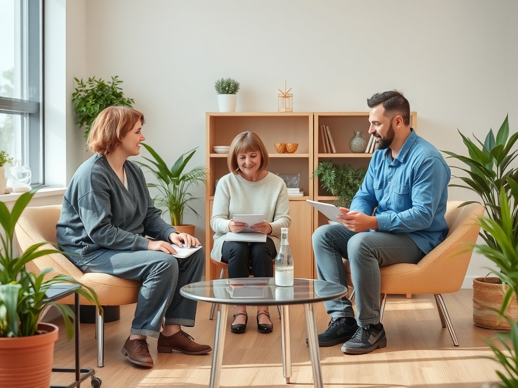 Три человека сидят в уютной комнате, обсуждая идеи и делясь бумагами. Зеленые растения создают атмосферу.