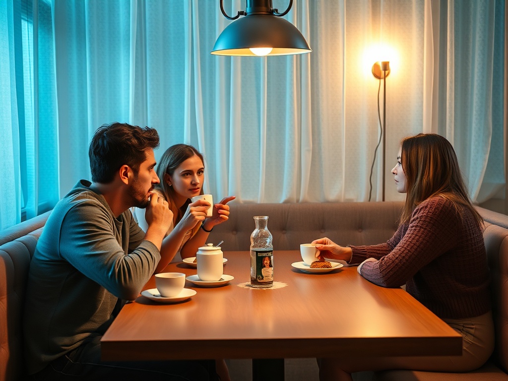 Трое людей сидят за столом в кафе, наслаждаясь чаем и беседуя в мягком освещении.