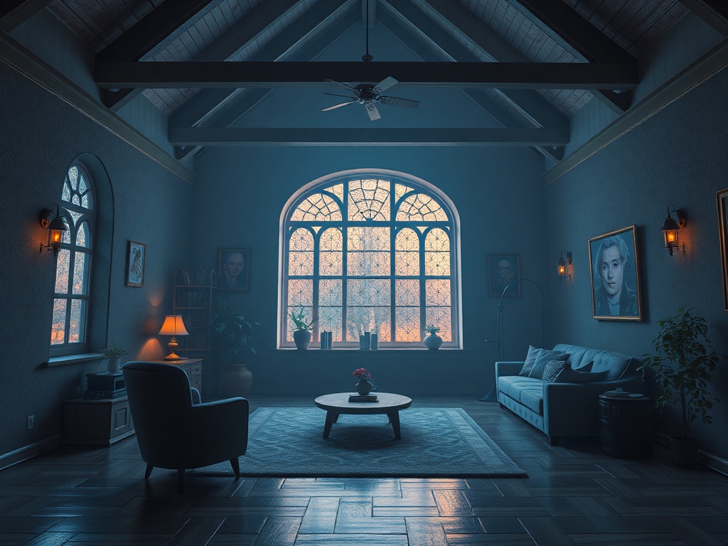 Темная комната с высокими потолками, большими окнами и уютной мебелью, освещенная теплым светом.