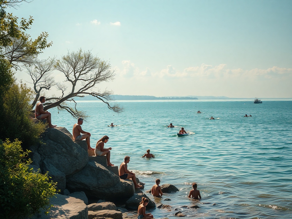 На берегу озера люди отдыхают, некоторые купаются, а другие сидят на камнях под солнечным небом.