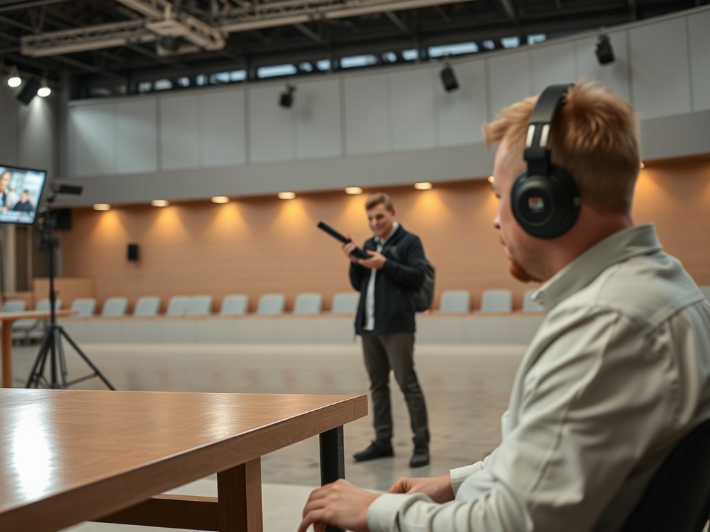 На изображении человек в наушниках сидит за столом, а другой стоит с камерой в зале.