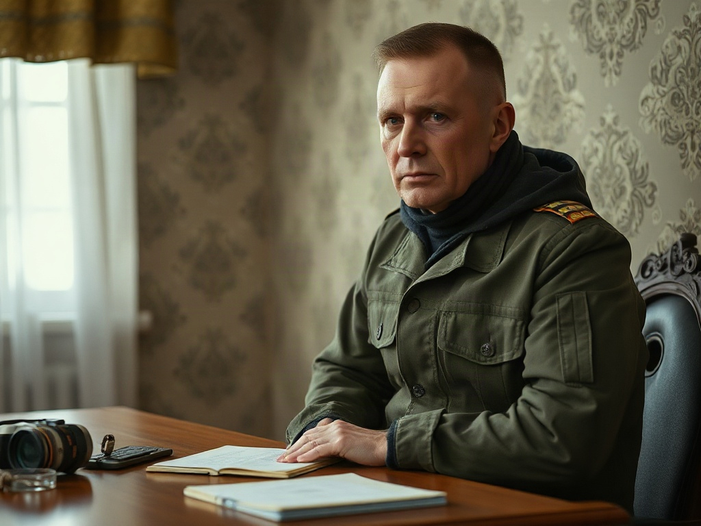 На изображении мужчина в военной форме сидит за столом, смотрит прямо, на фоне роскошных обоев.