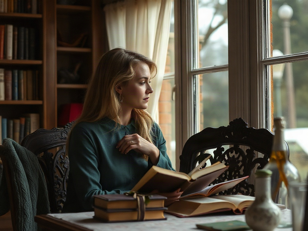 Женщина читает книгу у окна, окруженная книгами и уютной атмосферой. За окном виднеются деревья.